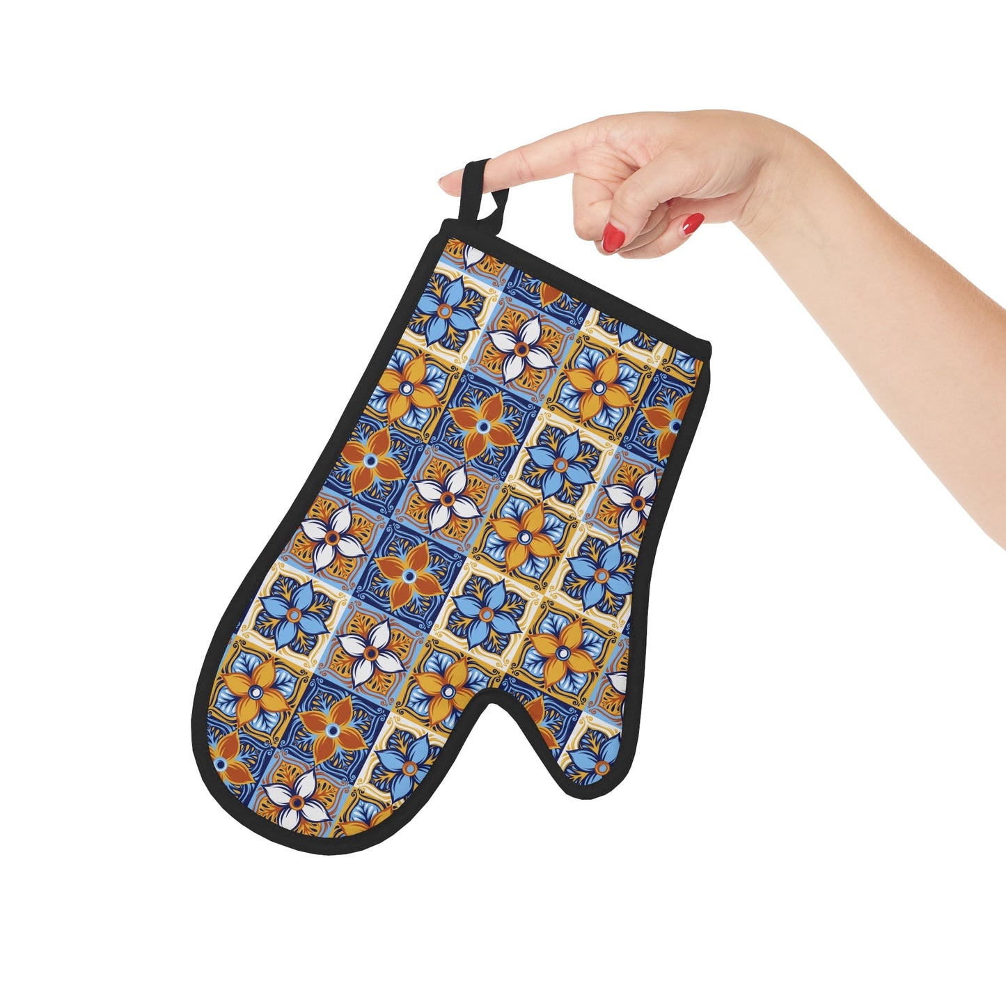 Retro Italian Tile Oven Glove, Mosaic Patchwork Blue and Yellow Oven Mit