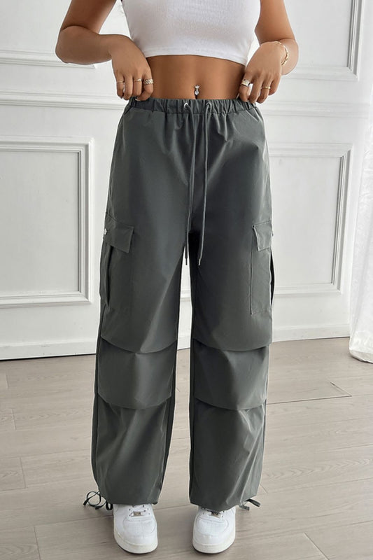 Devine Drawstring Wide Leg Pants with Cargo Pockets