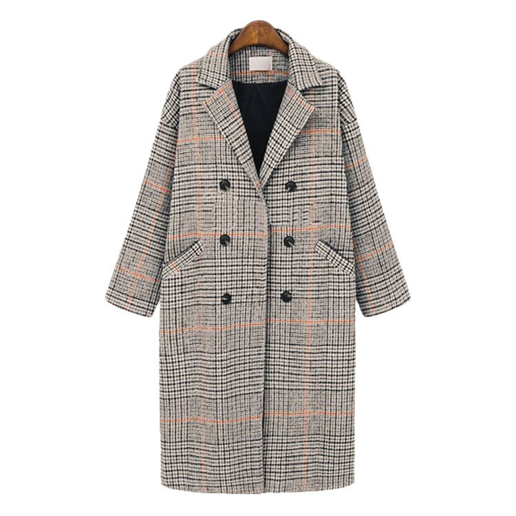 All-Match Double Breasted Plaid Mid-Length Woolen Coat