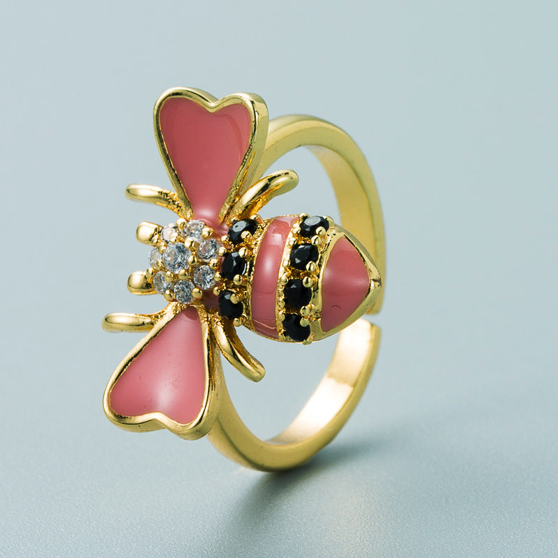 Copper Plated Real Gold Inlaid Zircon Bee Ring