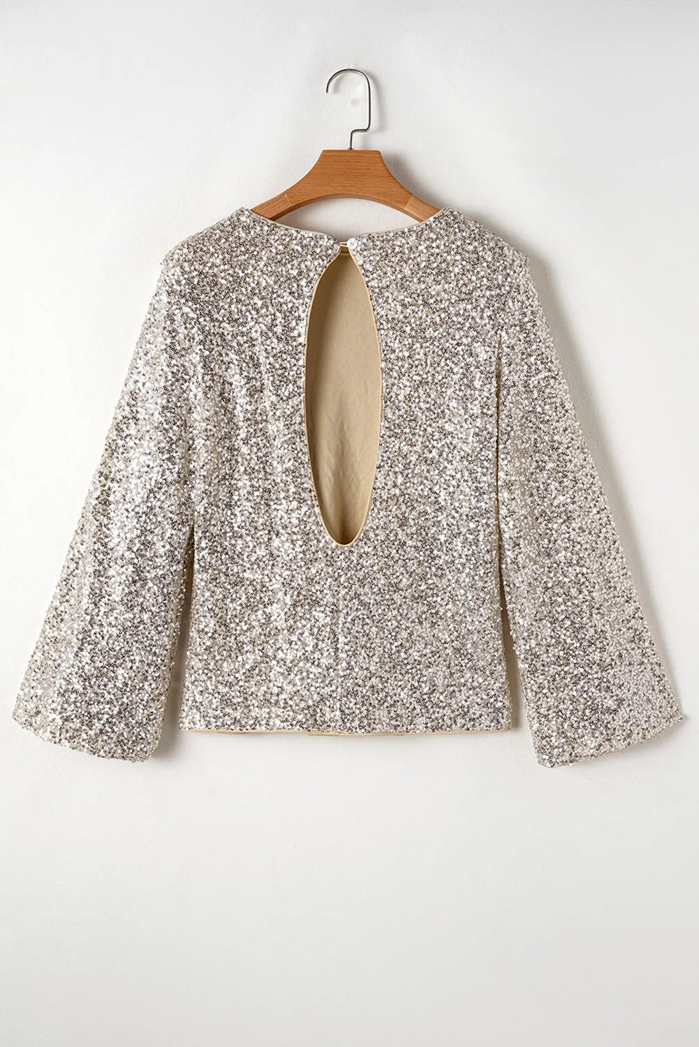 Cutout Sequin Round Neck Long Sleeve Blouse