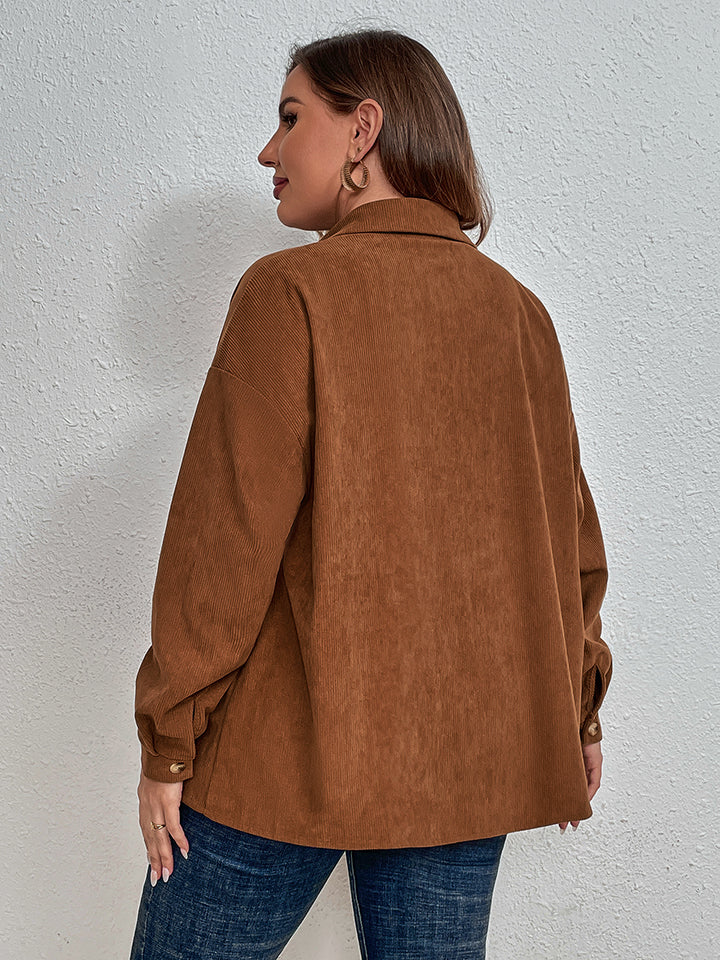 Brown Plus Size Collared Neck Long Sleeve Shirt