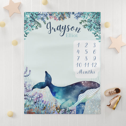 Ocean Whale Soft Fleece Milestone Blanket, Boys Monthly Growth Tracker, Personalized Baby Blanket, Baby Shower Gift, Newborn Baby Gif