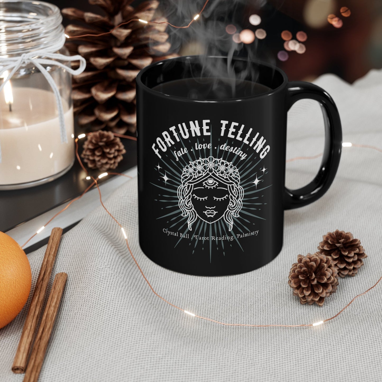 Fortune Telling 11oz Black Mug, Mystical Coffee Mug, Psychic Graphic Design, Crystals, Tarot, Palmistry