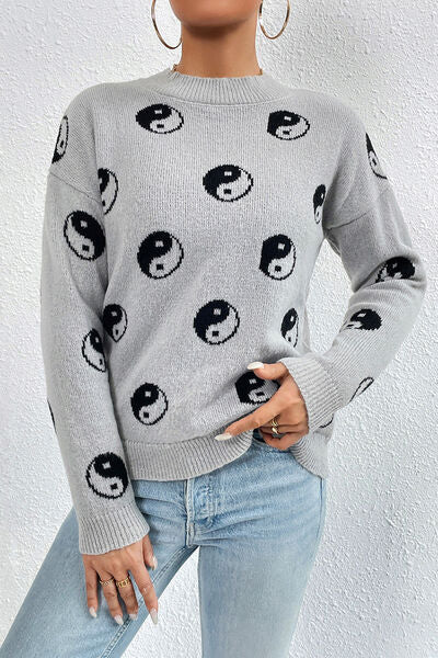 Printed Mock Neck Dropped Shoulder Sweater