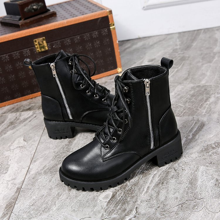 Women's Leather Boots High Top Women's Single Shoes Black Leather Boots