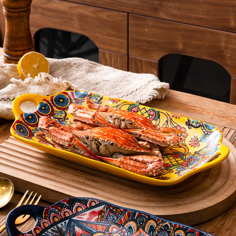 Bohemian Double Ear Ceramic Household Steamed Fish Plate