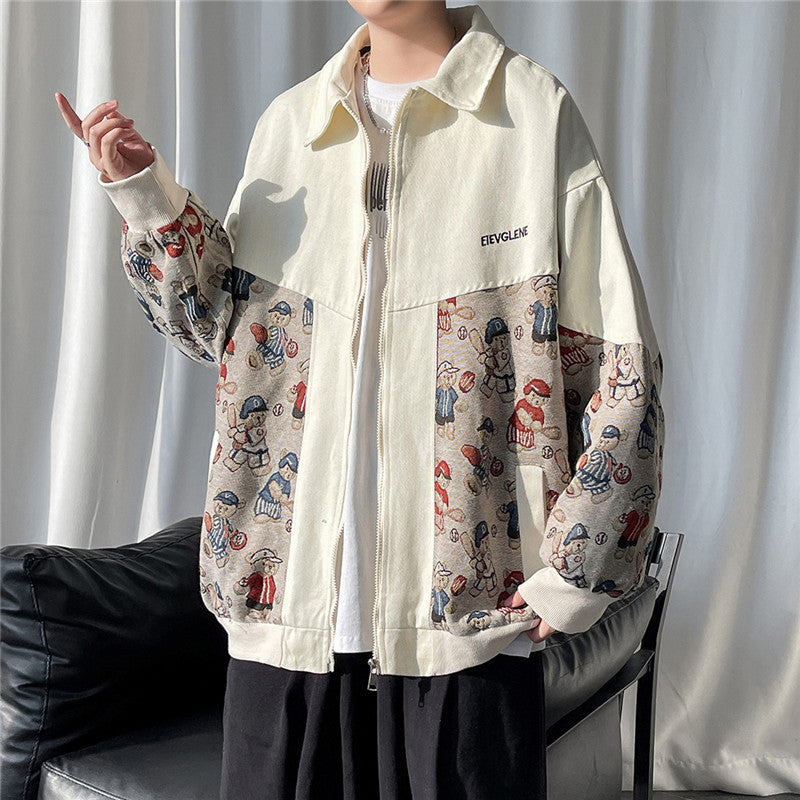 Stitching Contrast Color American Retro Lapels Jacket Men