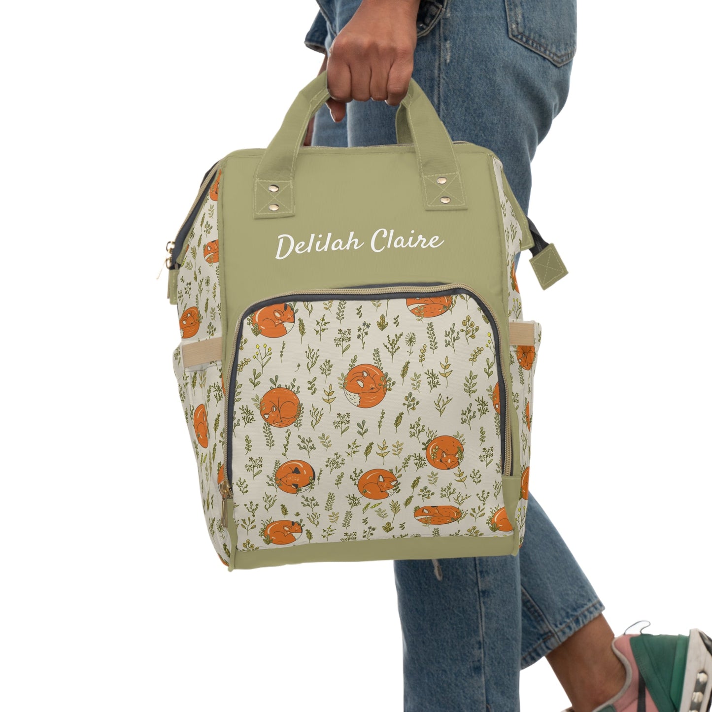 Personalized Botanical Fox Girls Multifunctional Diaper Backpack, Newborn Gift, Baby Shower Gift, Baby Diaper Bag Nappy Stroller Bag