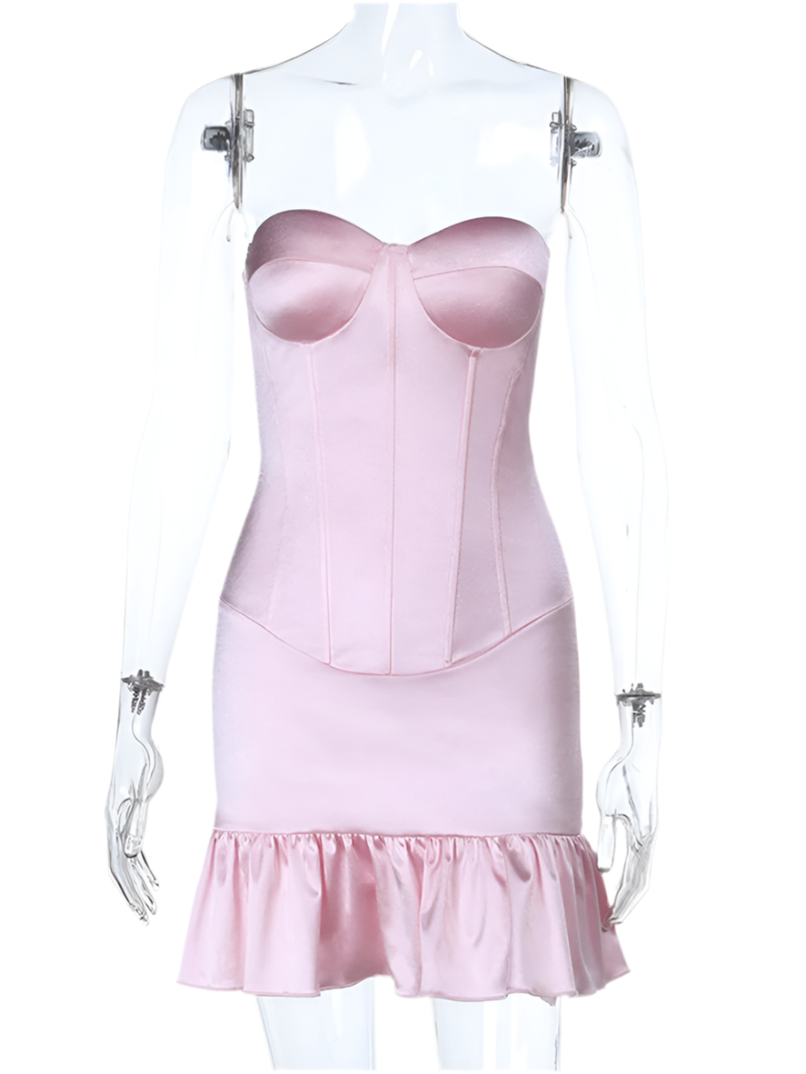 Pink Satin Bustier Frill Mini Dress