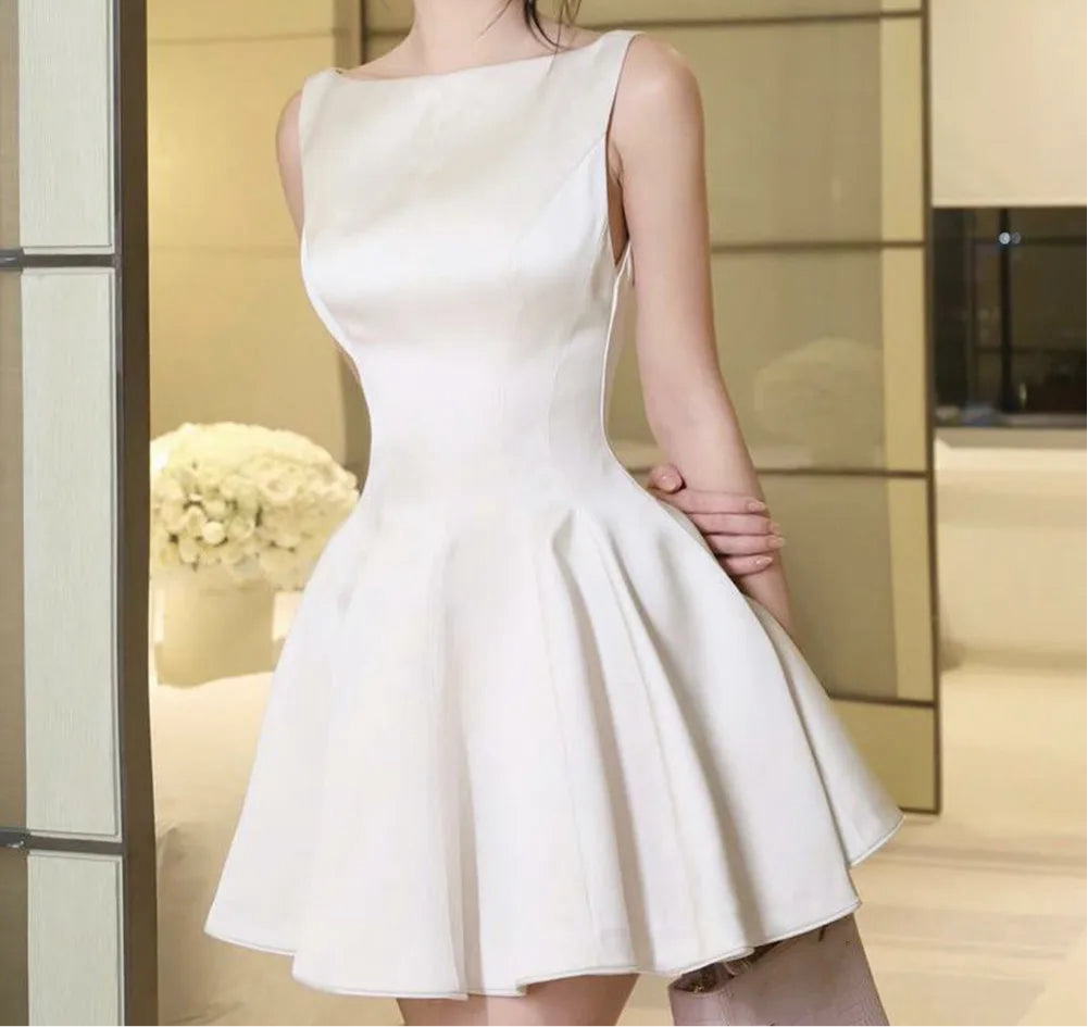 Satin V-cut Back Pleated Mini Dress