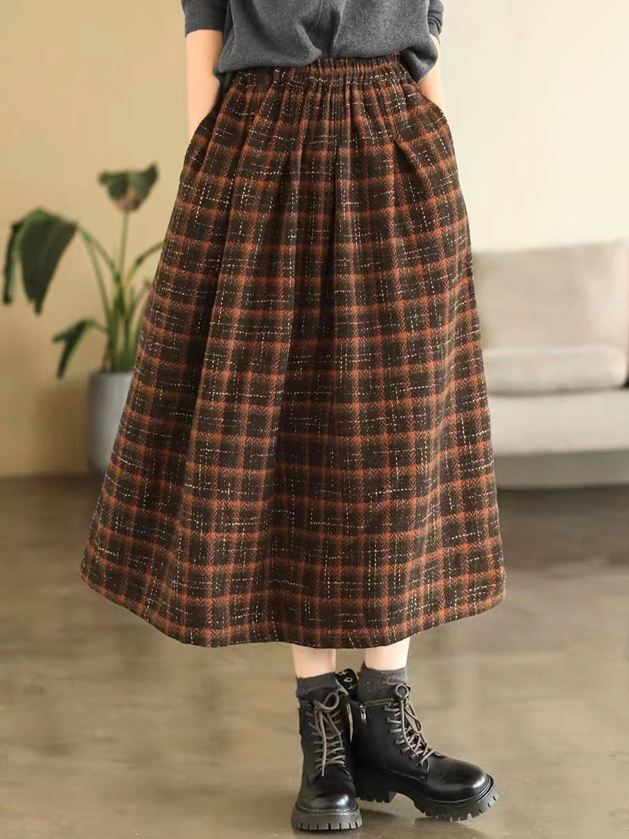 Elastic High Waist Woolen Cloth Plaid A- Line Skirt