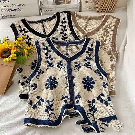 Women's Hollow Contrast Color Retro Knitted Vest