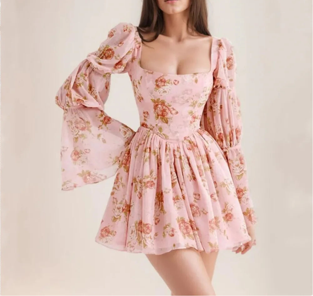 Floral Print Long Puff Sleeve Square Collar Mini Dress