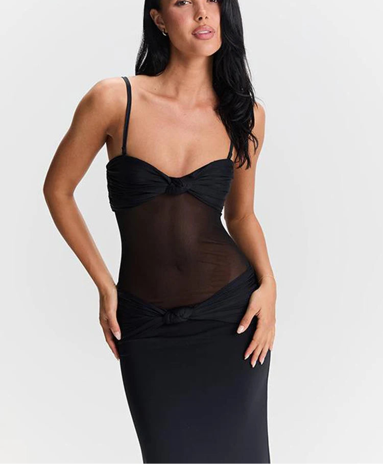 Knotted Mesh Strappy Midi Dress
