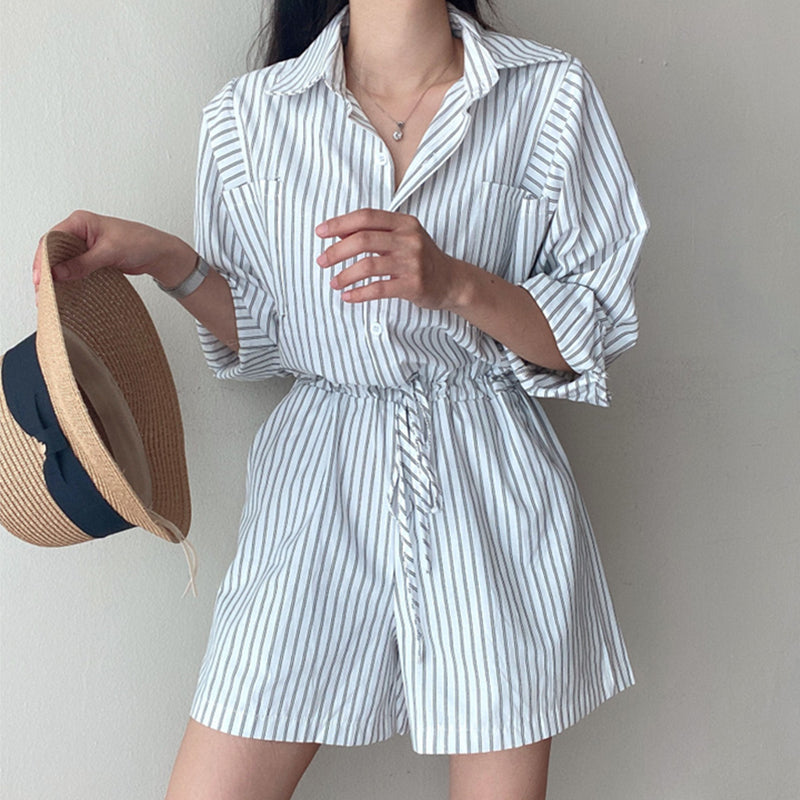 Women's Fashionable Temperament Lapel Single Breasted Tie Waist Striped Shirt Style Jumpsuit