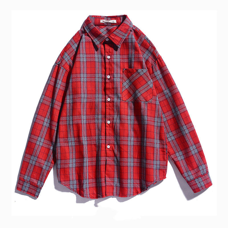 Japanese Style Long Sleeve Plaid Shirt Men's