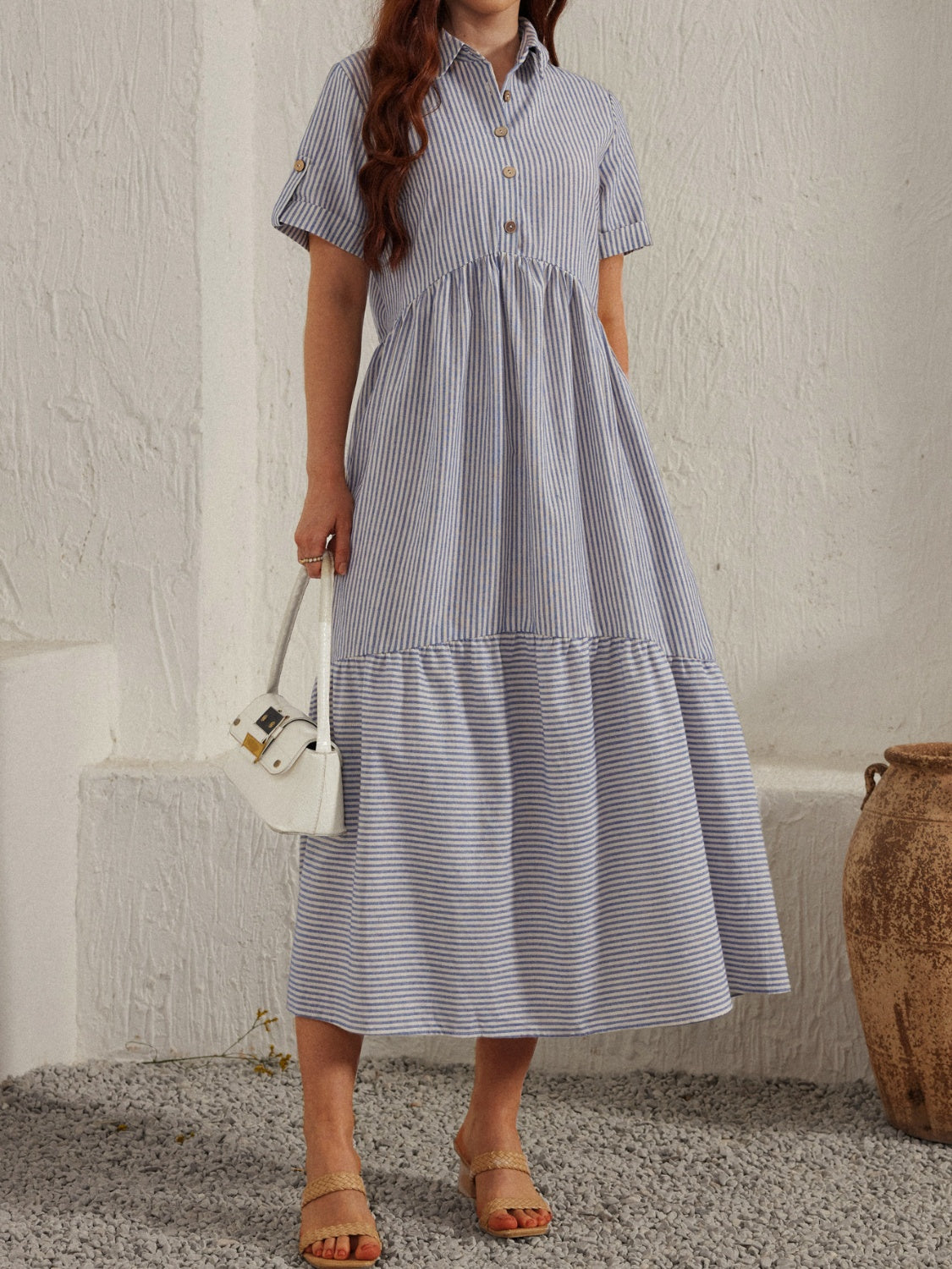 Striped Collared Neck Short Sleeve Dress