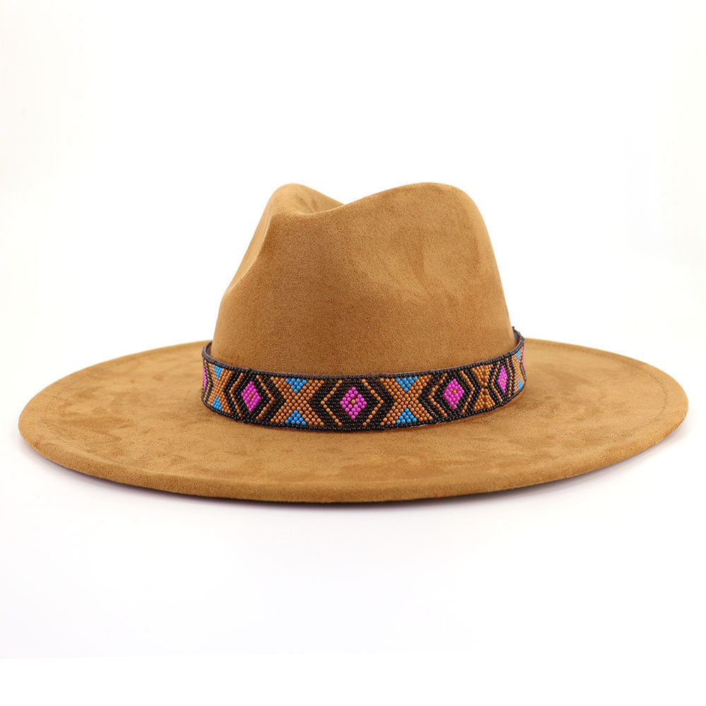 Women's Suede Bohemian Large Brim Flat Top Hat