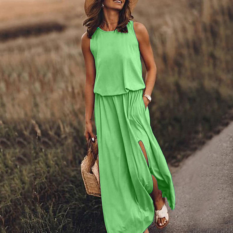 Women's Round Neck Sleeveless Dress Slit Multicolor Solid Color Long Dress