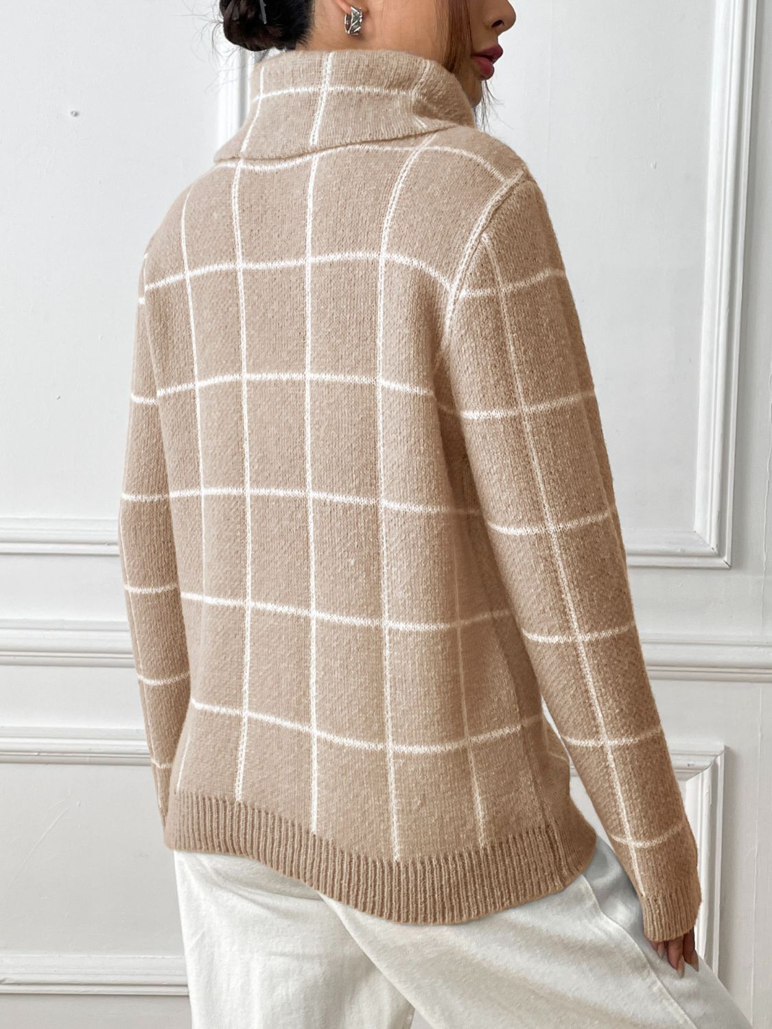 Plaid Turtleneck Long Sleeve Sweater