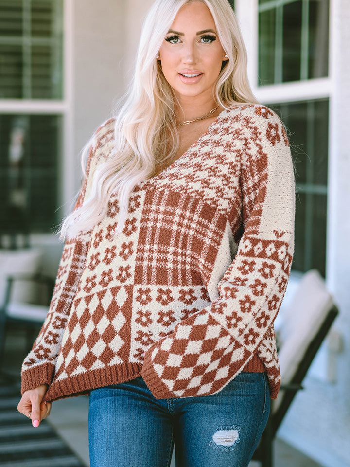 Printed Patchwork V-Neck Long Sleeve Sweater