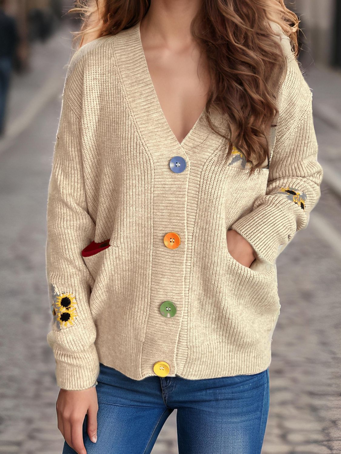 Contrast Button V-Neck Long Sleeve Cardigan