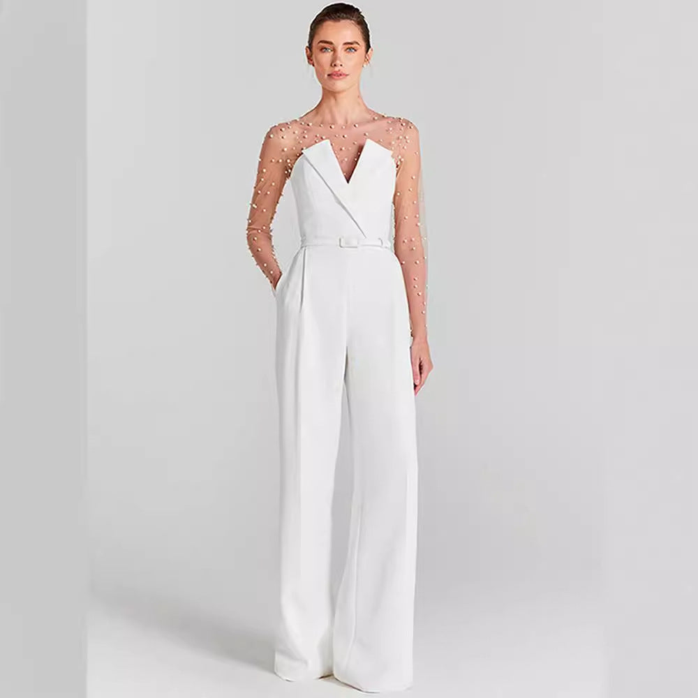 Foam Mesh Top Jumpsuit Casual Suit