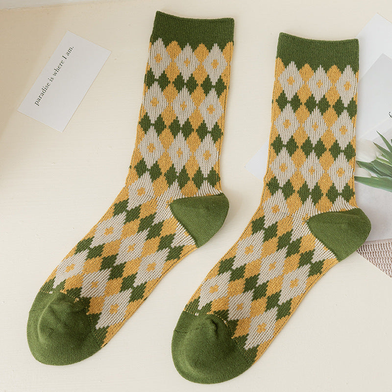 Green Department Diamond Flower Double Needle Double Way Women's Mid-thigh Socks