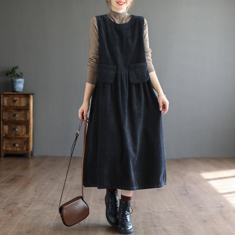 Corduroy Mid-length Dress Women's Artistic Over Size Pocket Sleeveless Vest Dress