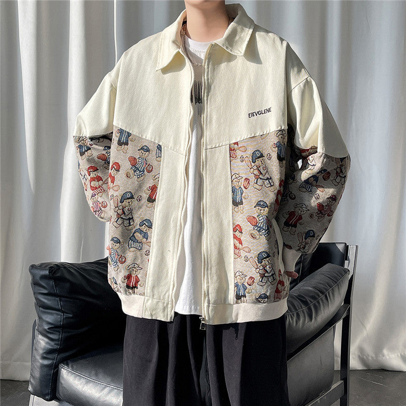 Stitching Contrast Color American Retro Lapels Jacket Men