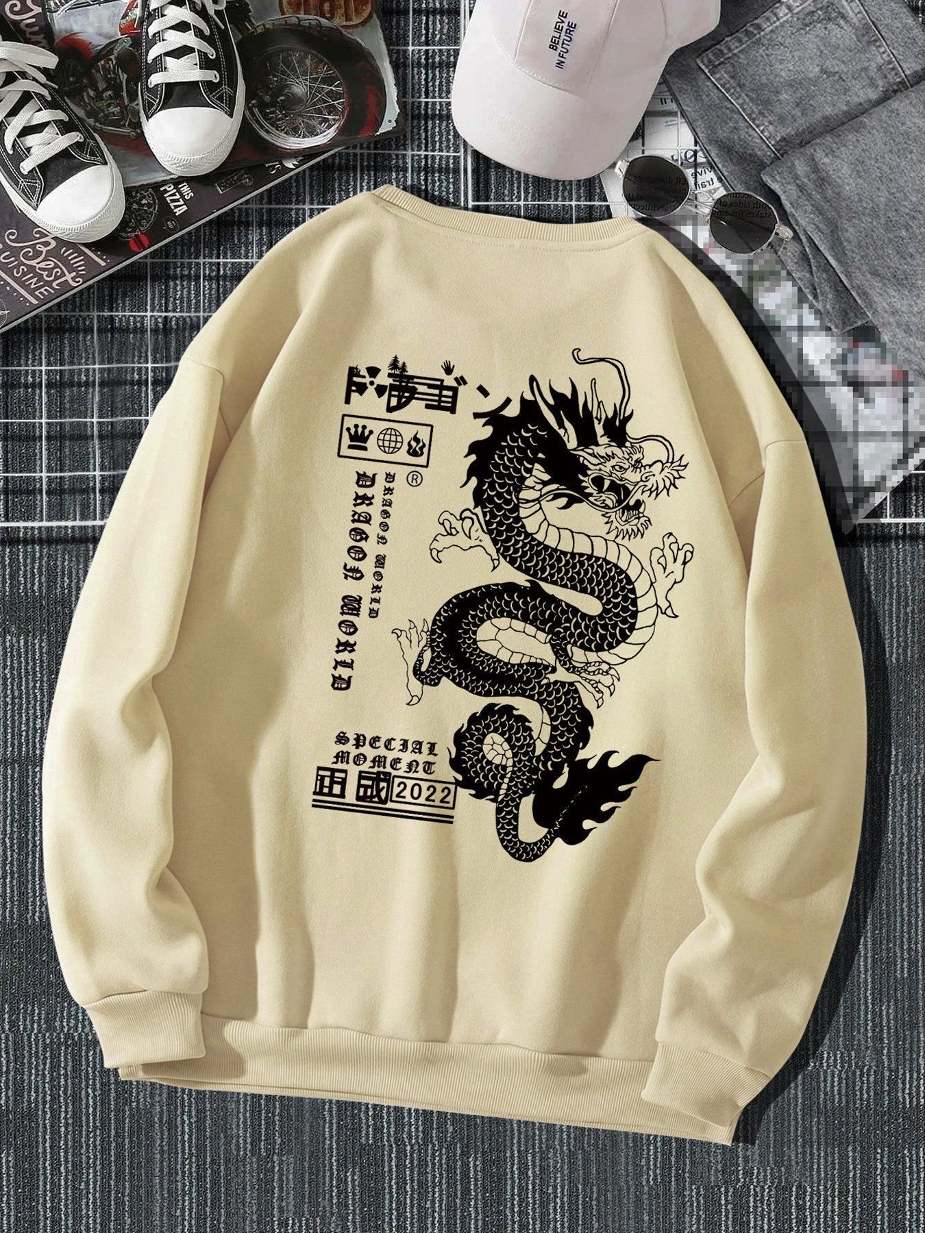 Men's Autumn And Winter Loose Tokyo Dragon Print Crewneck