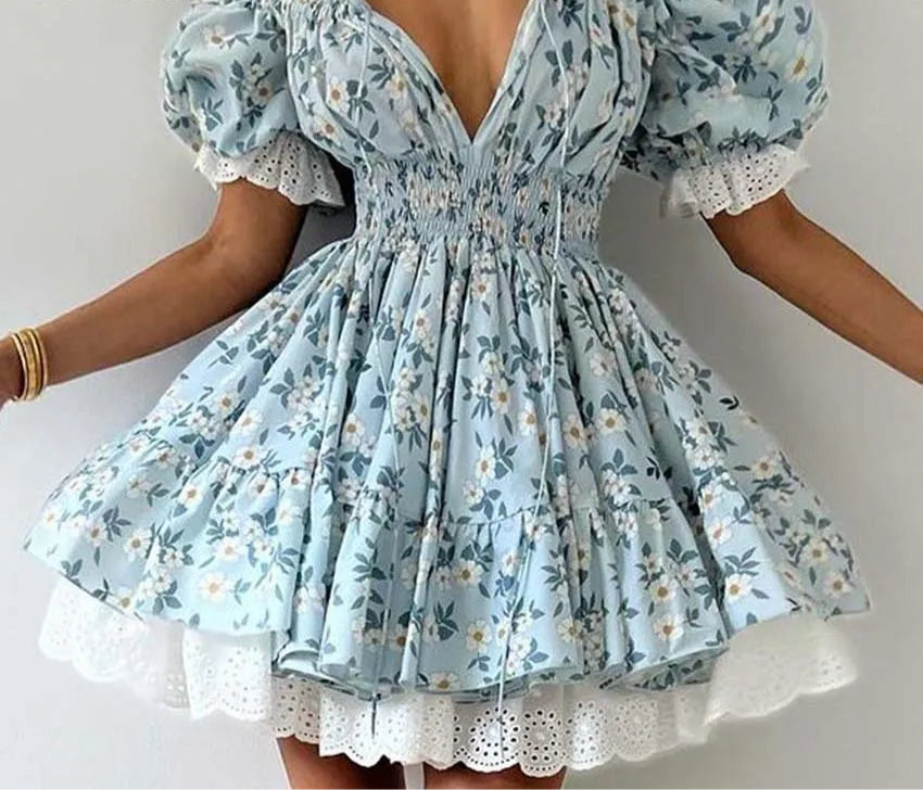 Puff Sleeve Tie Up Elastic Puff Sleeve Mini Dress