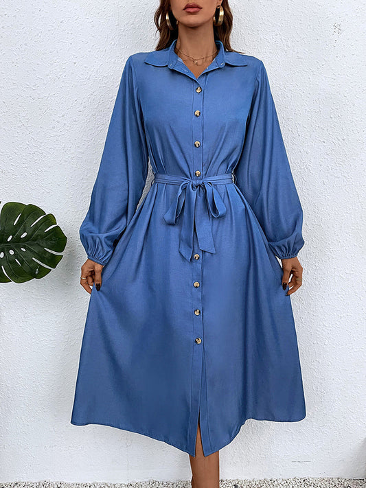 Blue Button-Down Tie Waist Collared Neck Dress