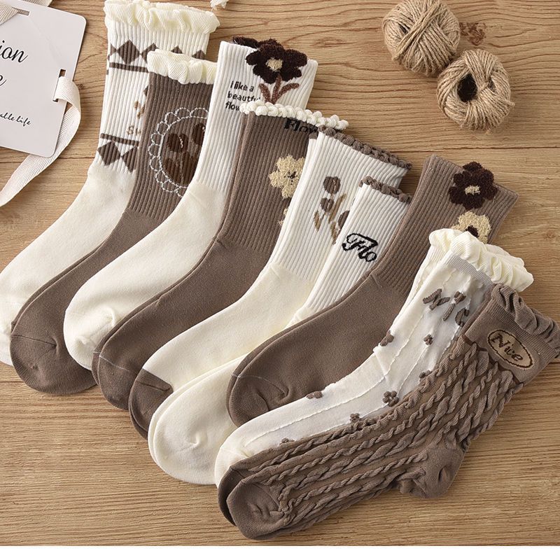 Women's Mid-calf Autumn And Winter Plush Lace Stockings Versatile New Mori Style Coffee Color Socks