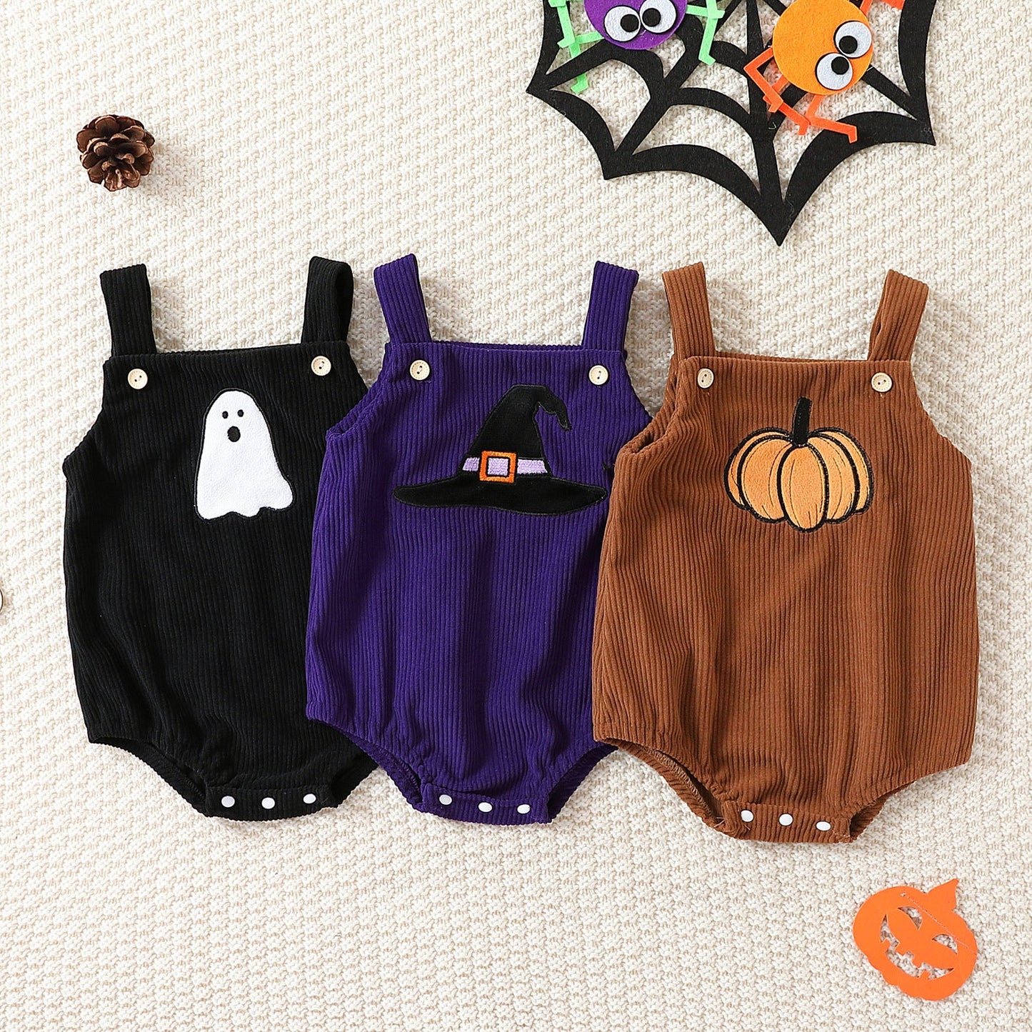 Infant Baby Girl Corduroy Halloween Embroidered Slip Top Triangle Rompers