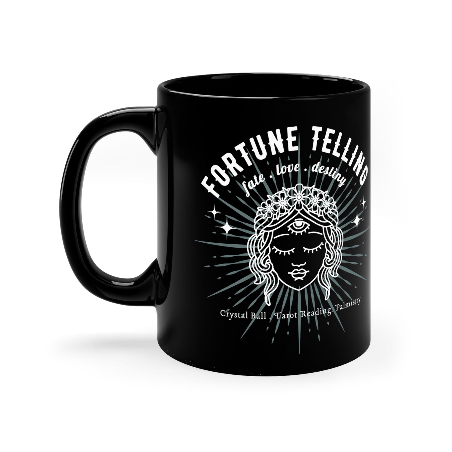 Fortune Telling 11oz Black Mug, Mystical Coffee Mug, Psychic Graphic Design, Crystals, Tarot, Palmistry