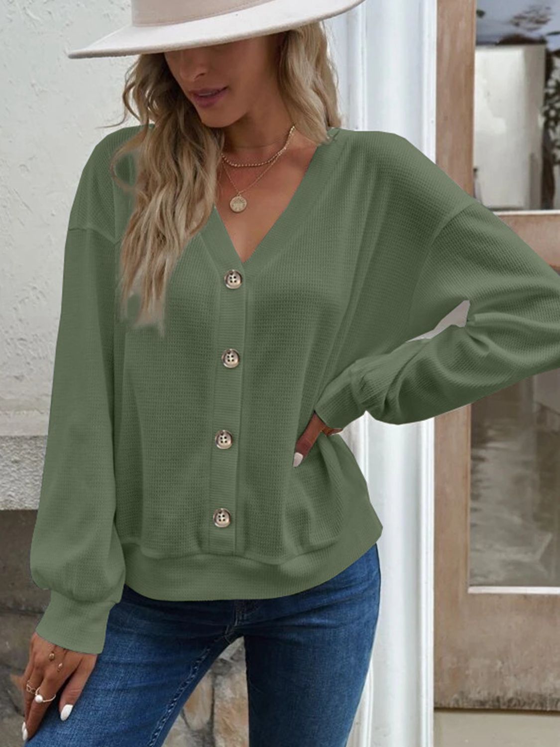 V-Neck Dropped Shoulder Blouse