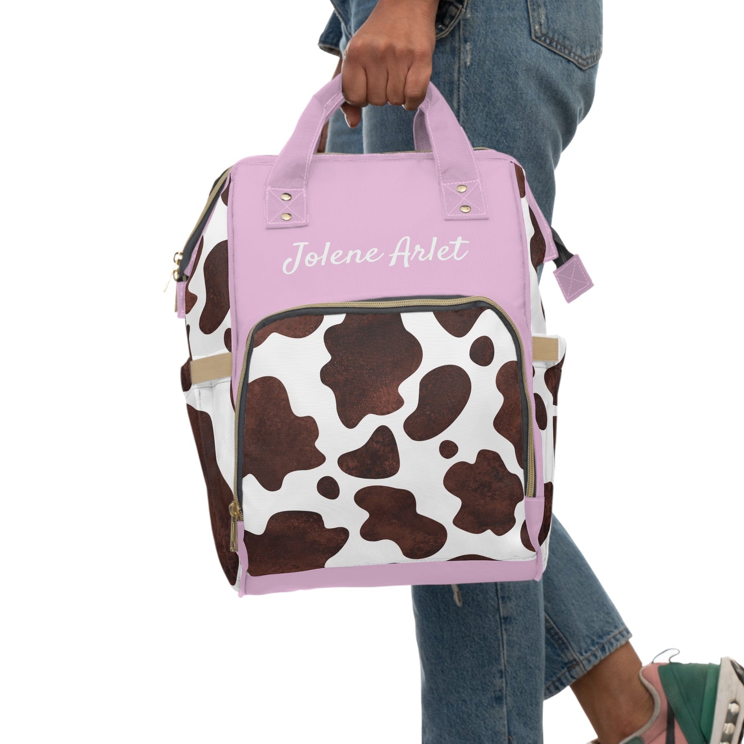 Personalized Pink Girls Cow Print Multifunctional Diaper Backpack, Newborn Gift, Baby Shower Gift, Baby Diaper Bag Nappy Stroller Bag