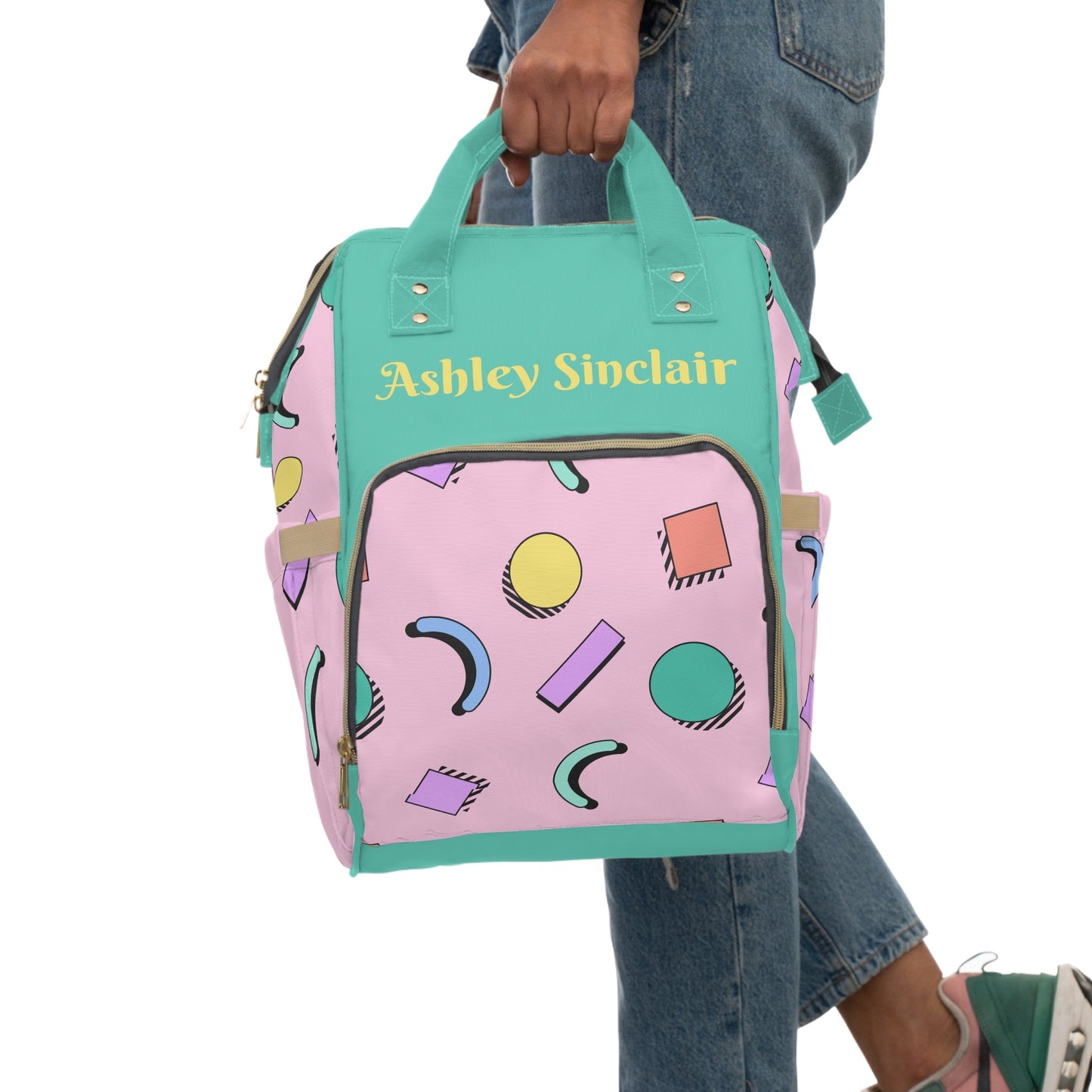 Personalized Pink 90s Inspired Shapes Print Pattern Multifunctional Diaper Backpack, Newborn Gift, Baby Shower Gift, Retro Backpack