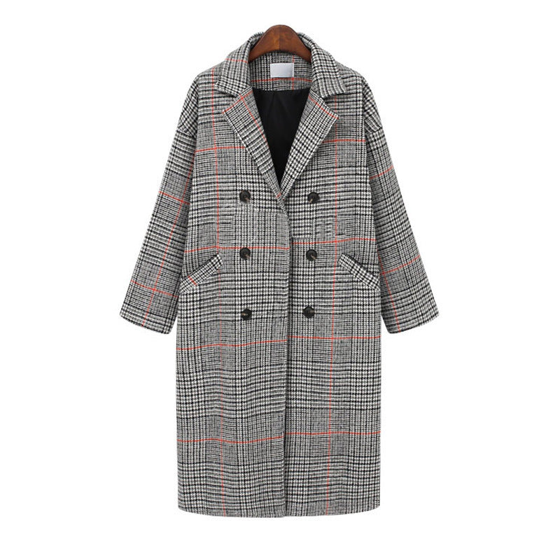 All-Match Double Breasted Plaid Mid-Length Woolen Coat