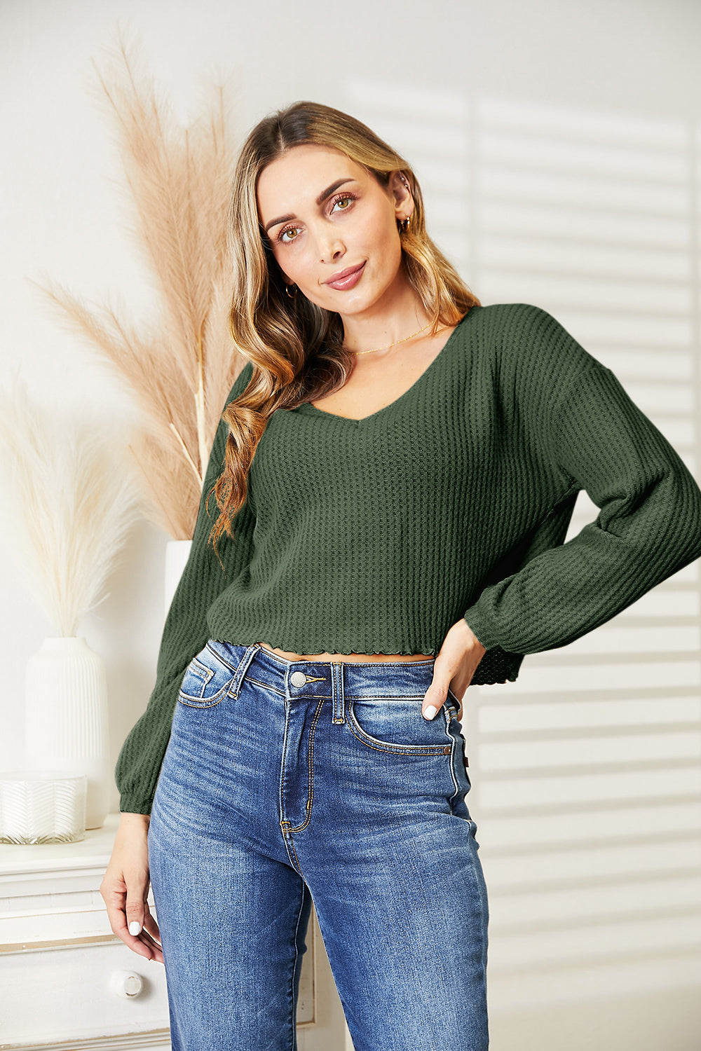 Full Size Waffle-Knit V-Neck Blouse