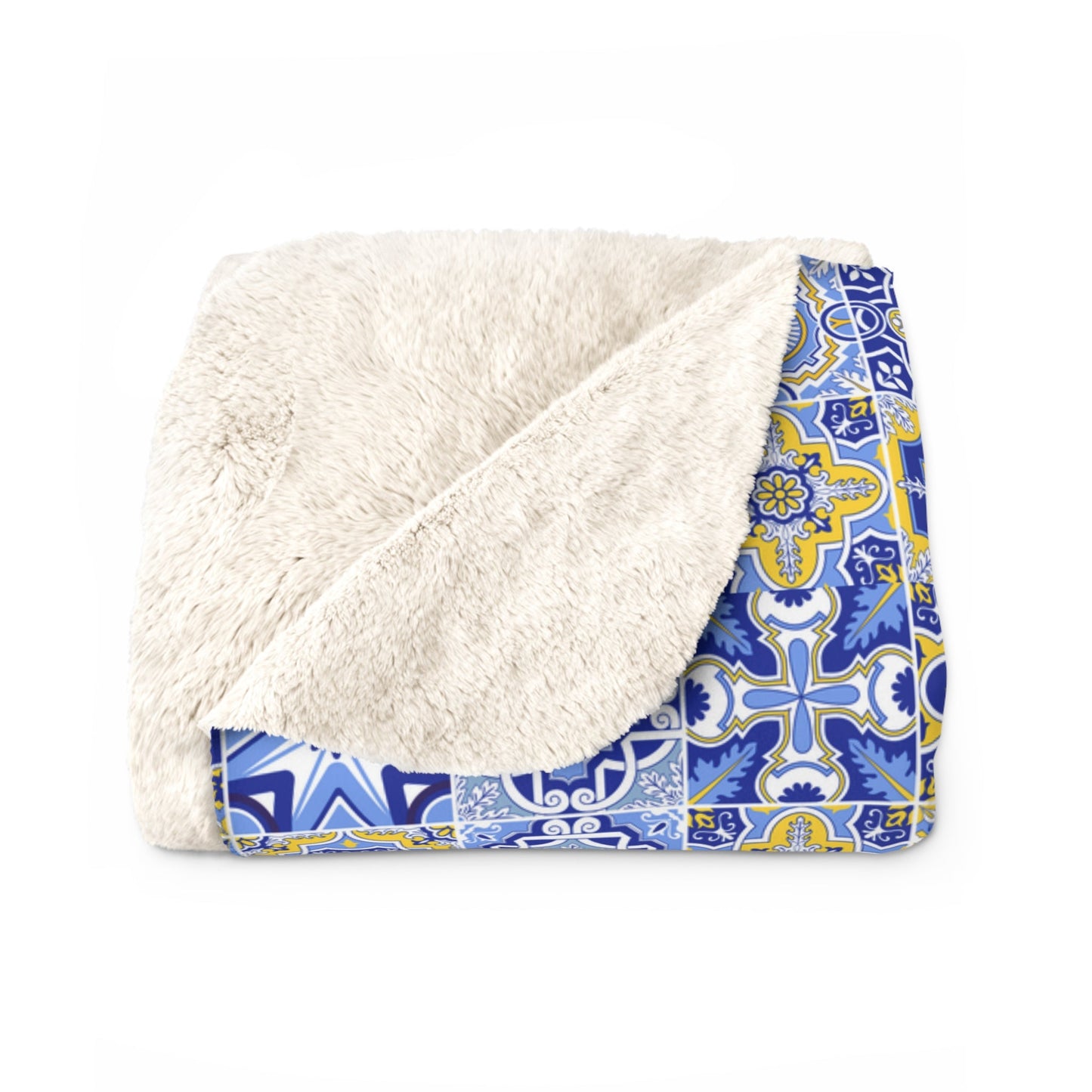 Colorful Patchwork Quilt Print Sherpa Fleece Blanket, Blue Moroccan Tile Print Sherpa Blanket