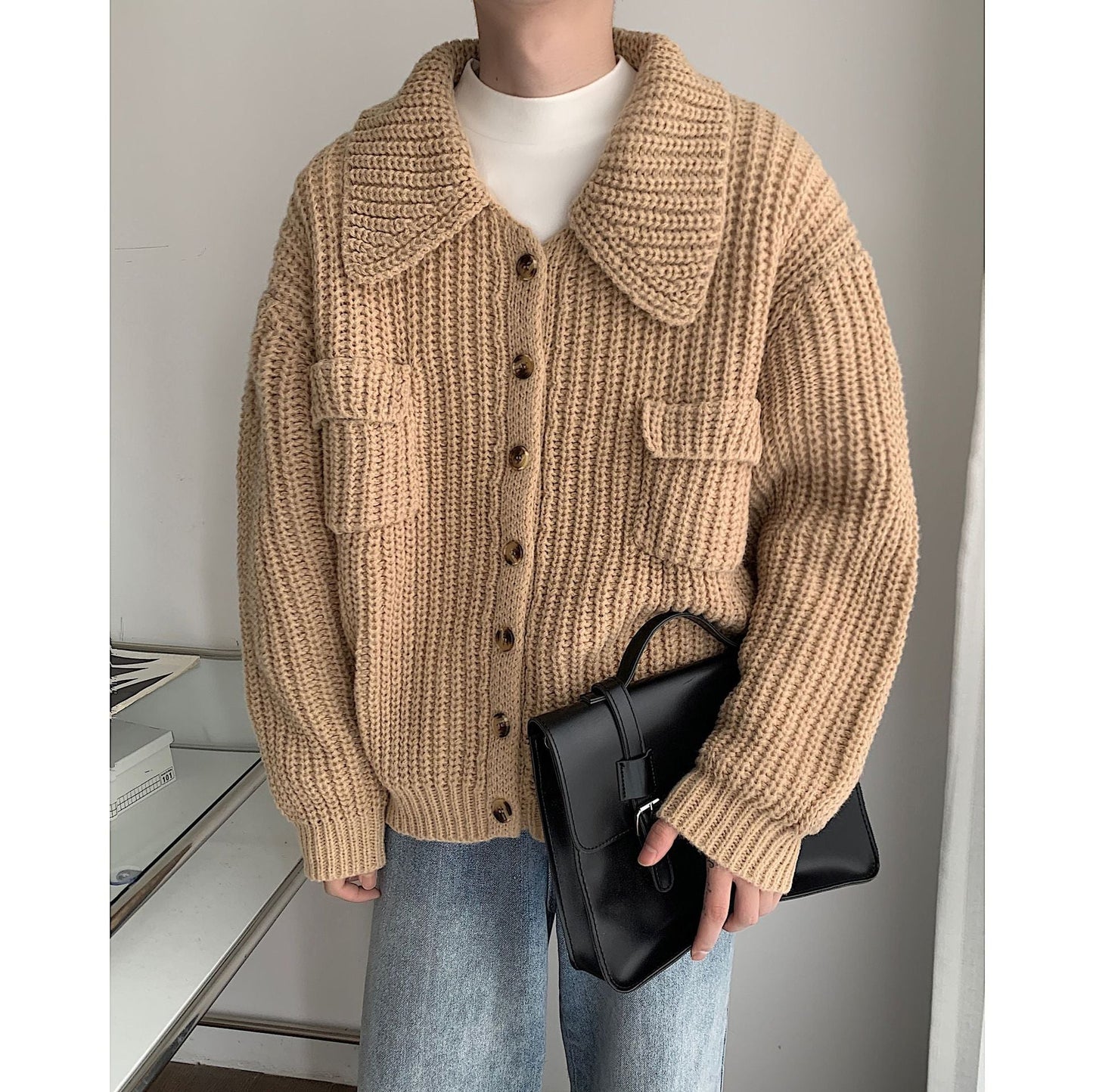 Retro Lapels Sweater Single-breasted Men's Cardigan Sweater Coat