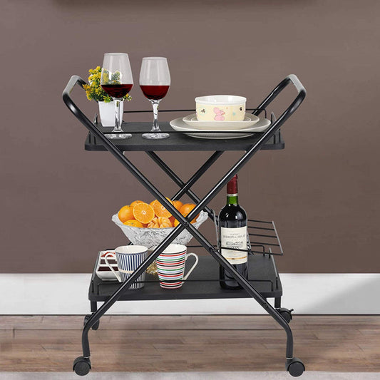 2-Tier Rolling Utility Cart With Wheels, Metal Bar Service Car With Wine Rack, Lockable Wheel Multi-Functional Storage Rack For Bar Office And Kitchen