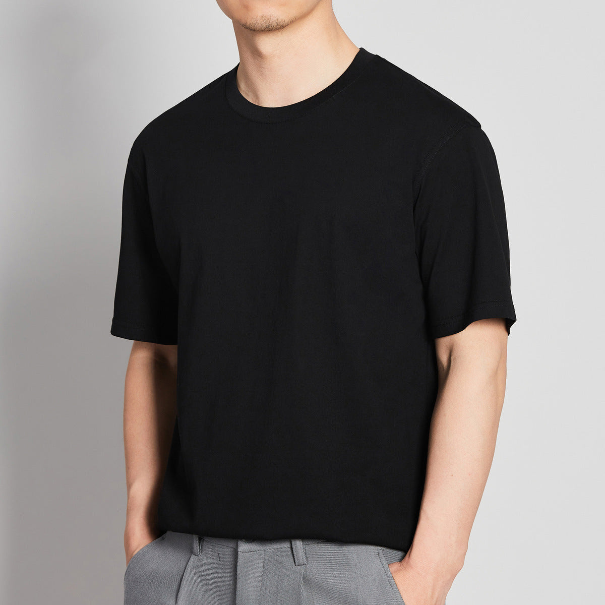 Round Neck Cotton Blend Solid Color Drop Shoulder Loose Bottoming Shirt