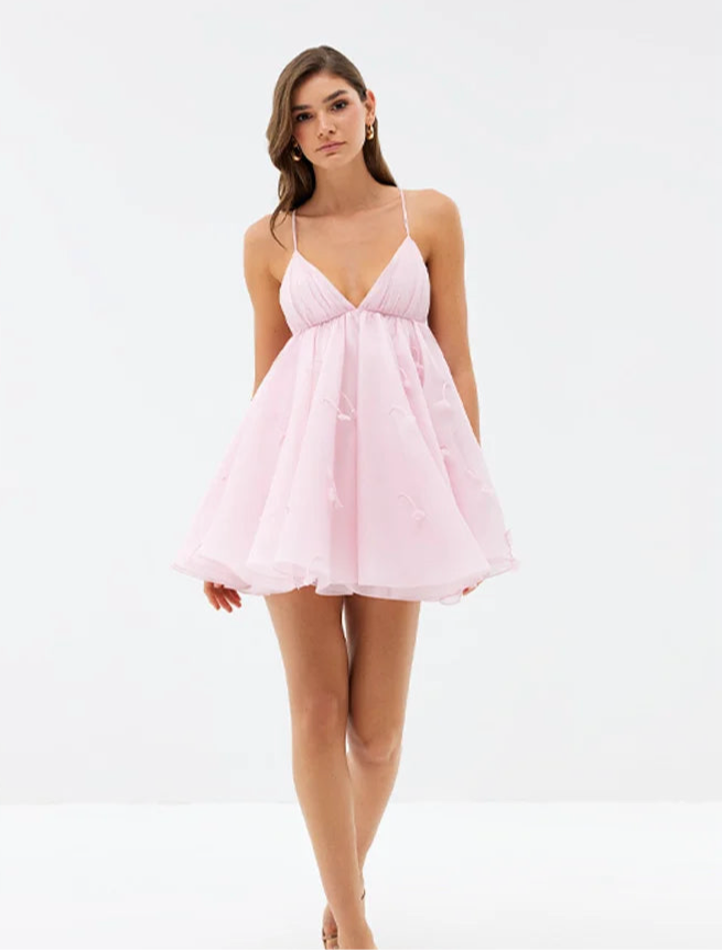 Pink Flare Cami Mini Dress - V-Neck Tie-Up