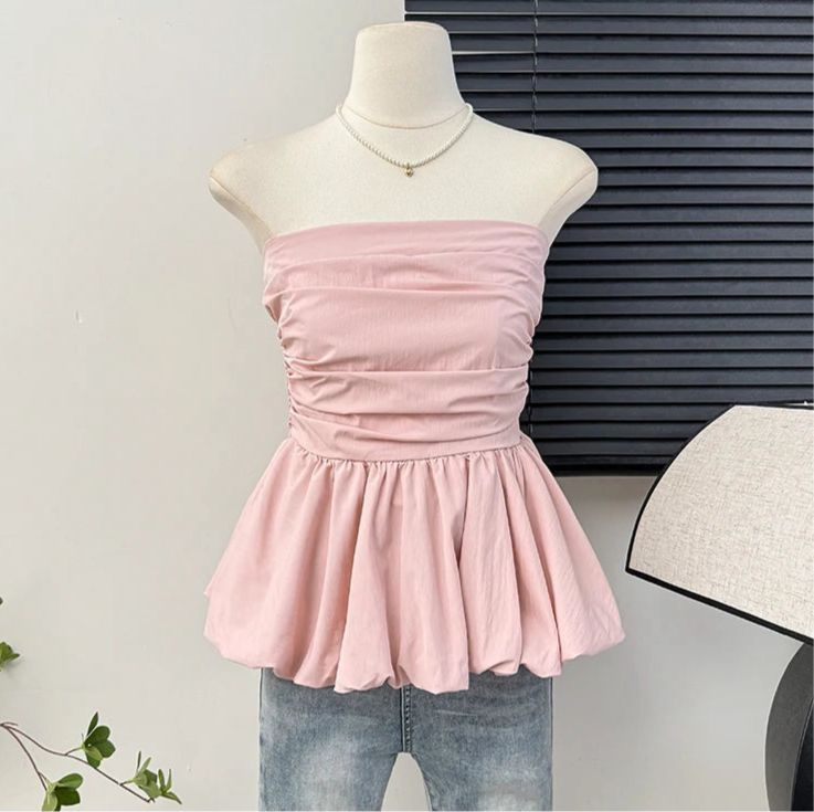 Elastic Pleated Puff Strapless Top - Medium Stretch