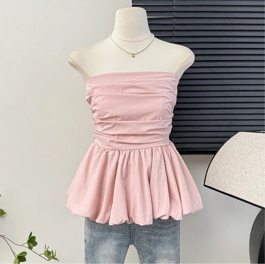 Elastic Pleated Puff Strapless Top - Medium Stretch