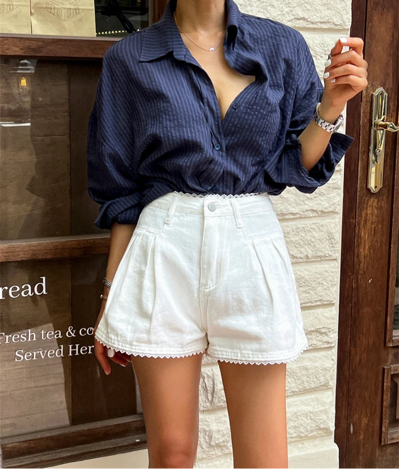 Lace Trim High Waist Denim Shorts - Casual Loose Fit